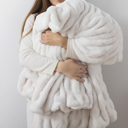 WDCOZY Ruched Faux Fur Throw Blanket Soft Cozy Fluffy Luxurious Blankets Couch Bed Sofa Chair Home Decor Warm Furry Fall Winter Plush Rabbit Fur Bubble Blanket 50" x 60", Ivory Cream White - color: White, size: Throw (50" x 60")