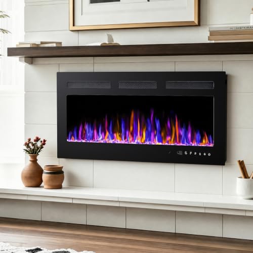 BETELNUT 40" Electric Fireplace Wall Mounted and Recessed with Remote Control, 750/1500W Ultra-Thin Wall Fireplace Heater W/Timer Adjustable Flame Color and Brightness, Log Set & Crystal Options - size: 40 Inch