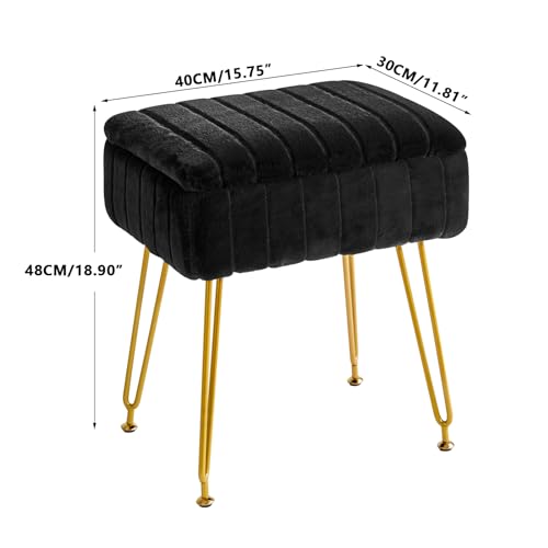 IBUYKE Stool Chair with Storage Space, Footrest Footstool Ottoman, Small Side Table, with 4 Metal Legs, with Anti-Slip Feet, for Makeup Room, Bedroom, Black, Faux Fur LG-50B - color: Black, size: 15.8"D x 11.8"W x 18.9"H