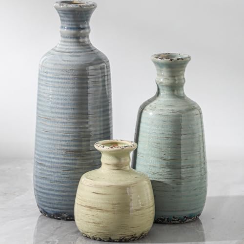 Ceramic Vase Set of 3, Rustic Neutral Vases Home Decor Farmhouse Decorative Flower Vase Modern Boho Pampass Vases for Table Mantel Entryway Shelf Living Room Kitchen Bathroom - Multicolor - color: 011 Vase Set - Multicolor