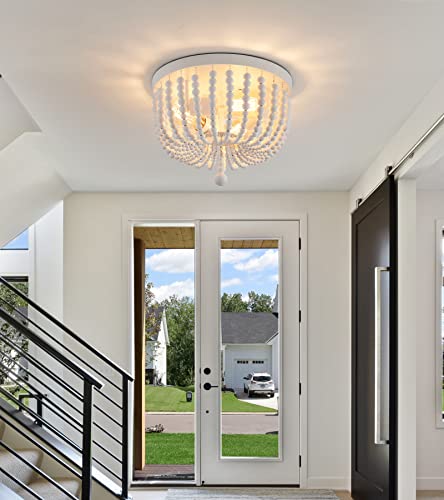 Q&S White Boho Beaded Chandeliers Flush Mount Ceiling Light,3-Lights Small Chandelier Light Fixture for Bedroom,Kitchen,Dining Room,Living Room,Stairway Gazebo - color: Ceiling-3WH