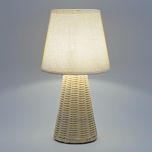 Vintage Small Wicker Lamp, Rattan Body Fabric Lampshade, Adjustable Light Color and Brightness, Power-Off Memory, Safe USB Powered, Boho Style Night Light for Bedroom Living Room (Cone-FlaxYellow) - color: Cone-FlaxYellow