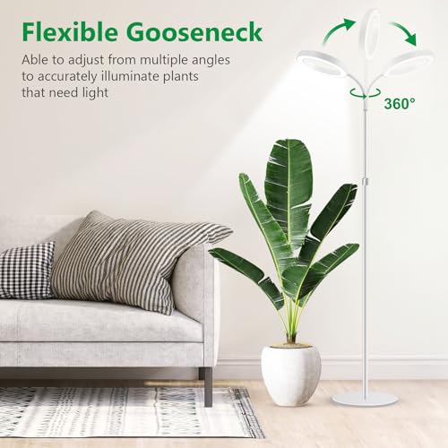 Aumtrly Floor Grow Lights for Indoor Plants, Full Spectrum Plant Light with 68" Stand for Growing Large Tall Plants, White Halo Grow Lamp with 6/12/16H Timer, 3 Light Modes, 5 Dimming - size: 1 head 68inch/white