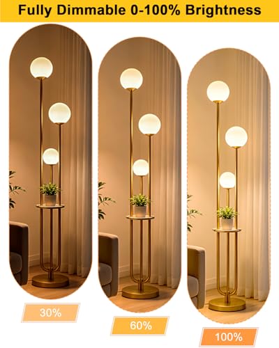 63IN Dimmable Floor Lamp with Shelf, Unique Globe Gold Tall Standing Lamps, 3000K Warmwhite Mid Century Modern Floor Lamp with 5Lbs Heavy Base for Living Room Home Office(Bulbs Included) - color: 3 Globe-Gold Shelf