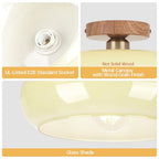 Mid Century Modern Schoolhouse Semi Flush Mount Ceiling Light, Cream Glass Lamp with Wood Grain Metal Base, Rustic Farmhouse Lighting Fixture for Bedroom, Hallway, Dining, Living, Entryway - color: Cream Milk A
