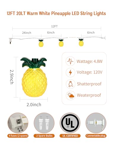 12FT Pineapple String Lights – 20 LED Warm White Tropical Fairy Lights, UL Certified, IP44 Waterproof for Tiki Bar, Luau, Patio & Christmas - color: Yellow/white