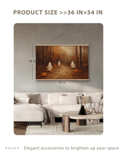 VIYYIEA Extra Large Halloween Wall Art 36x54, Vintage Cute Ghosts and Pumpkins in Autumn Landscape Canvas Wall Decor, Cozy Farmhouse Fall Decor for Living Room Bedroom Entryway Fireplace - color: Halloween Woodland