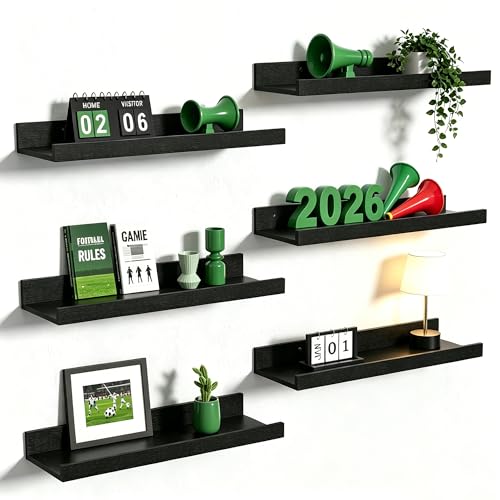 upsimples Floating Shelves for Wall, Wall Shelves for Decor Storage Set of 6, Wall Mounted Wood Shelf for Bedroom, Living Room, Bathroom, Kitchen, Picture Ledge Shelf, Black - color: Black, size: 15.7in