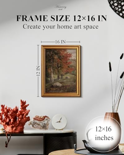HUARCEY Vintage Framed Canvas Wall Art, Autumn Birch Art Prints, Fall Forest Landscape Decor for Living Study Room Bedroom Kitchen Hallway Fireplace, Rustic Farmhouse Traditional Decor, 12x16 Inch - color: Autumn Birch, size: 16"L x 12"W