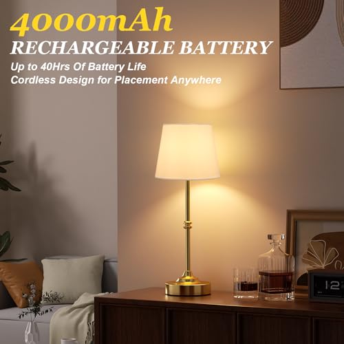 Kakanuo Rechargeable Cordless Table Lamp Gold - 2 Pack Brass 4000mAh Battery Operated Lamp, 3000K Warm Light, Touch Control Stepless Dimming, for Bedside, Dining Table, Home Decor - color: Brass, size: 2 Pack - 15.6in