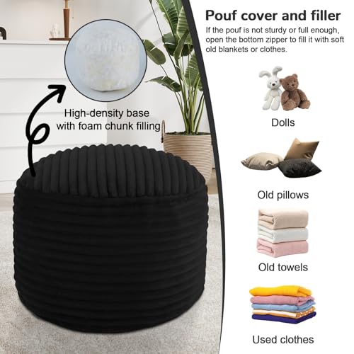 MeMoreCool Stuffed Round Pouf Ottoman Foot Rest, Soft Plush Floor Pouf Foot Stool, Corduray Footstool Footrest, Small Round Ottoman for Living Room Couch Sofa Chair, 20x15 Inch Black - color: Ribbed Black