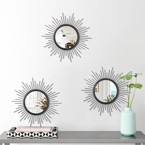 3 Pack Black Metal Wall Mirrors Sunburst Wall Mirrors Home Décor Art Decorative Modern Bohemian Hanging Wall Art for Bedroom Bathroom Living Room Entryway Small 12'' - color: Sunburst-black, size: 3 Set 12"L x 12"W