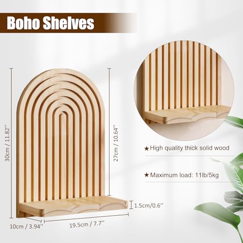 Artilady 2 Pack Boho Wood Wall Hanging Shelf - Handmade Rainbow Arch Floating Shelves Trinket Storage Rack Modern Wall Decor for Bedroom Living Room Nursery Bathroom - color: 1 Burlywood