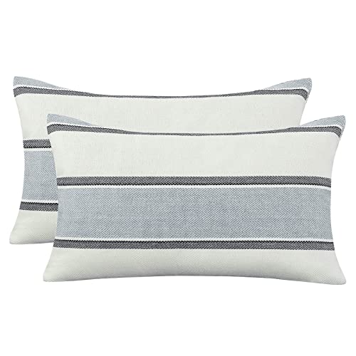 AmHoo Pack of 2 Farmhouse Linen Throw Pillow Cover Cushion Stripe Decoration Buffalo Retro Pillowcase with Hidden Zipper for Sofa Bedroom Car 12 x 20 Inch Light Grey Gray - color: Light Grey, size: 20" x 12" (Pack of 2)