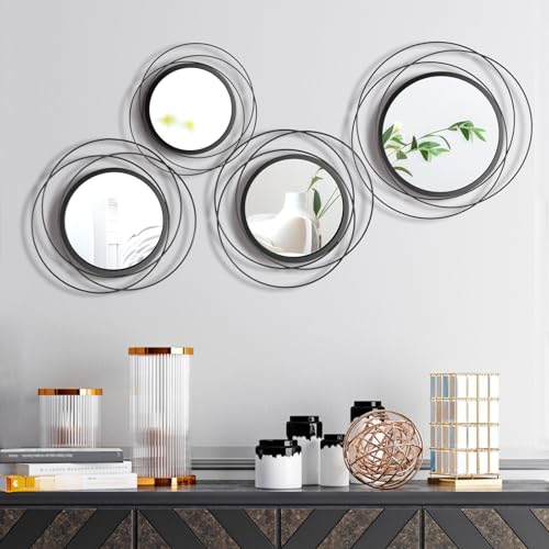 Hicarer 4 Pcs Decorative Round Modern Circle Mirror Wall Art Ring Metal Mirror Wall Mounted for Bedroom, Living Room, Entryway, Dining Room, Hallway (Black) - color: Black
