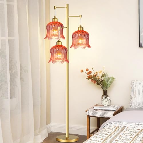 QIYIZM Pink Floor Lamp for Living Room,Bedroom,Gold Mid Century Modern Standing Lamp Brass Tree 3 Light Tall Floor Lamps Floor Lights Glass Flower Lamp Shade Girls Kids Boho Bohemian - size: 24-Floor Lamp
