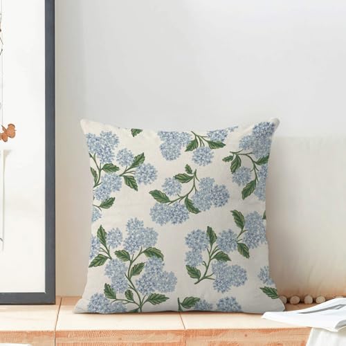 AEIOAE Spring Pillow Covers 16x16 Inch Set of 2, Green Blue Hydrangea Flower Throw Pillows Case,Floral Summer Outdoor Seasonal Decorative Farmhouse Decor Cushion Covers for Home Sofa Bed Couch - color: Hydrangea, size: 16" x 16" (Pack of 2)