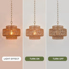 12.6" Rattan Pendant Light, Hand-Woven Boho Farmhouse Hanging Light Fixture, Mini Drum Wicker Rattan Chandelier for Kitchen Island, Bedroom, Dining Room, Entryway - color: Gold 12.6"