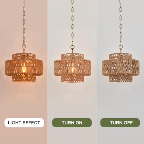 12.6" Rattan Pendant Light, Hand-Woven Boho Farmhouse Hanging Light Fixture, Mini Drum Wicker Rattan Chandelier for Kitchen Island, Bedroom, Dining Room, Entryway - color: Gold 12.6"