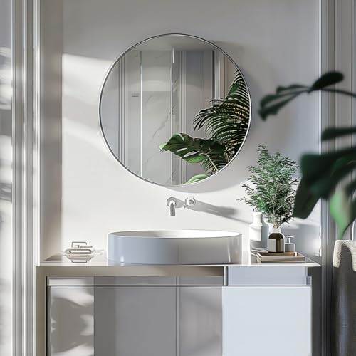 Sunniry Silver Round Mirror 22 inch, Silver Circle Mirror, Round Wall Mirrors with Brushed Aluminum Frame, Circle Mirrors for Living Room, Bathroom, Wall, Hallway. - color: Silver, size: 22"L x 22"W