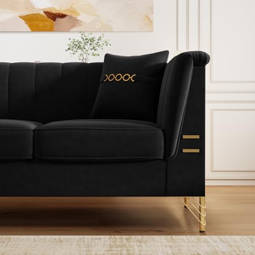 KEIKI 2-Piece Luxury Chesterfield Sofa Set with 2 Oversized Velvet 3-Seater Sofa, Upholstered Modern Style 6-Seater Button Tufted Couch Set with 4 Pillow, Gold Metal Accents, for Living Room, Black - color: Black, size: 83"+83"