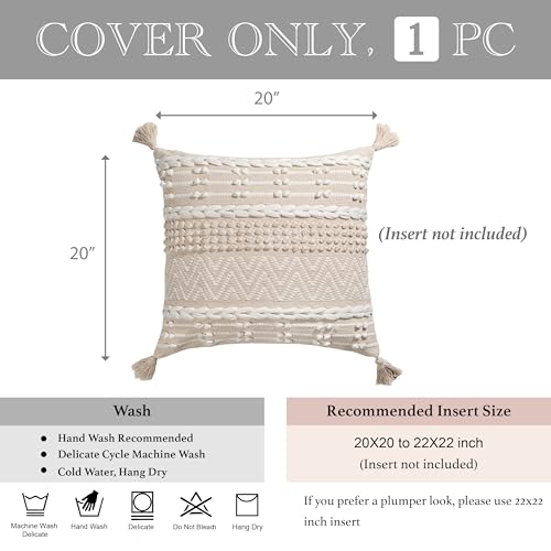 BlissBlush Boho Throw Pillow Cover 20X20, Decorative Accent Pillow for Couch, Square Woven Textured Pillowcase, Modern Boho Pillow for Bed, Bohemian Pillow Cover, Cream White Neutral (Pack of 1) - color: Cream White, size: 20" x 20" (Pack of 1)