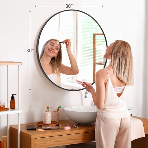 NEWBULIG 30IN Round Bathroom Wall Mirror, Modern Vanity Mirrors for Over Sink, HD Glass Decorative for Entryway, Bedroom & Living Room, Anti-Rust, Tempered Glass, Hanging or Leaning, Black - color: Black, size: 30.1"L x 30"W