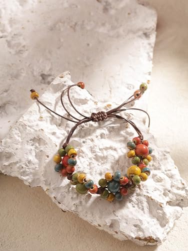 MINACHI Bohemian Colorful Ceramic Bead Adjustable Cord Bracelet, Hippie Boho Summer Fashion Jewelry Gift for Women - color: S03