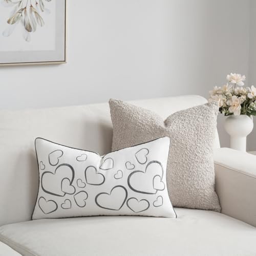 Sanmetex Embroidery Loving Heart Lumbar Pillow Covers, Soft Decorative Throw Pillow Case 12x20 Inches for Bed Bedroom Living Room and Home Décor Grey - color: Loving Heart, size: 20" x 12"