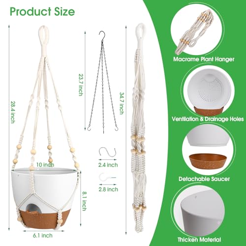 Hanging Planters for Indoor Outdoor Plants, 2 Pack Self Watering Hanging Pot with Drainage Holes, Removable Tray & 2 Kinds of Plant Hangers, 10'' Hanging Flower Pots for Home Garden Decor, White - color: Ivory+black+white, size: 10''