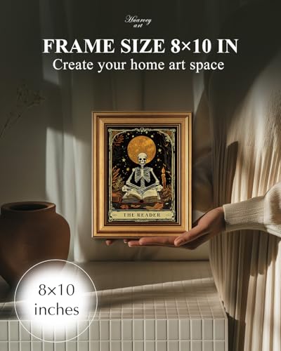 HUARCEY Gold Framed Canvas Wall Art, Skeleton Reader Tarot Picture Decor, Library Reading Room School Decor, Book Lover Witchy Gothic Halloween Canvas Paintings, 8x10inch - color: Skeleton Reader Art, size: 10"L x 8"W