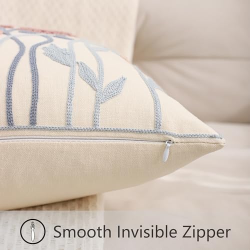 Embroidered Throw Pillow Covers 18x18 Set of 2 Vintage Blowball with Blue Leaves Pillow Cushion Case Decorative Pillowcases Square Rustic Floral Pillow Case Summer Fall Autumn Home Decor - color: Blowball
