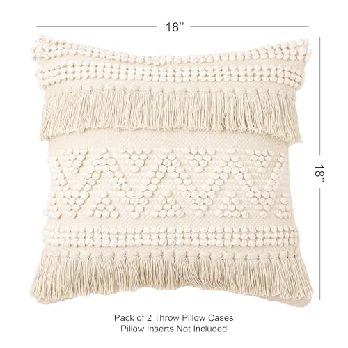 · REDEARTH · Boho Textured Throw Pillow Cushion Covers - Woven Tufted Decorative Farmhouse Cases Set for Couch - Bed - Chair - Dining - Covered Patio - 100% Cotton (18"x18" - Natural) Pack of 2 - color: Earthy Fringe Natural, size: 18" x 18" (Pack of 2)