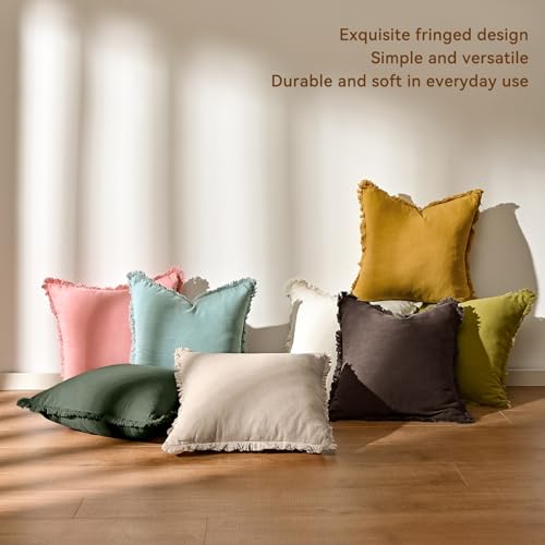AmHoo Pack of 2 Linen Pillow Covers with Tassels Fringed Decorative Rustic Natural Throw Pillowcase Cushion for Couch Sofa Bedroom 18 x 18-Inch Beige - color: Beige, size: 18" x 18" (Pack of 2)