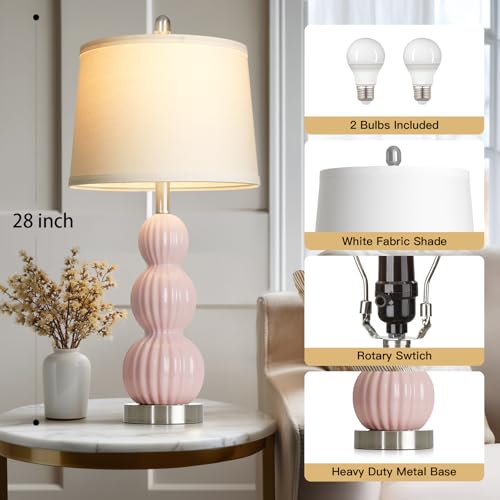28" Pink Ceramic Table Lamps Set of 2, Modern Bedside Lamps for Night Stands, Triple Gourd Table Lamp for Living Room End Table or Bedroom Nightstand (2 LED Bulbs Included) - color: Pink - 28"H