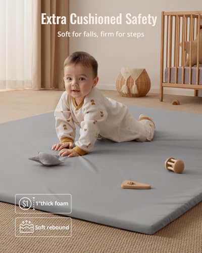 Blissful Diary Vegan Leather Baby Play Mat, 71x59 Thicken Foam Cushioned & Waterproof Playpen Mat for Infants and Toddlers, Stylish and Just Wipe-Clean Playmat for Baby Play on Floor, Light Gray - color: Light Gray, size: 71" X 59"
