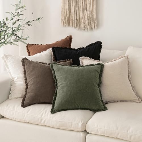 MIULEE Decorative Throw Pillow Covers Neutral Linen Fringe Throw Pillows Set of 2 Chocolate Brown Boho Farmhouse Cushion Covers with Tassels for Couch Sofa Bed Living Room Spring Decor 18x18 Inch - color: Chocolate Brown, size: 18" x 18" (Pack of 2)