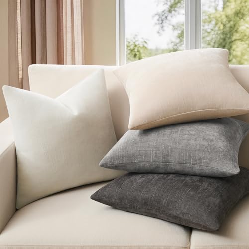 Pack of 4 Throw Pillow Covers 18x18 Inch Chenille Textured Neutral Grey Soft Pillow Covers Solid Decorative Farmhouse Cushion Covers Home Boho Decor for Couch Sofa Bed Living Room - color: Neutral Grey, size: 18" x 18" (Pack of 4)