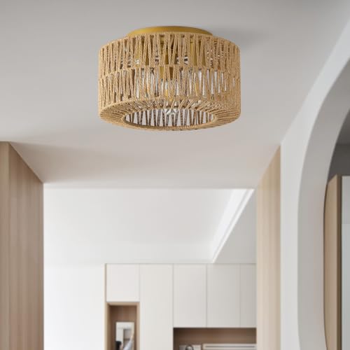 12.6" Rattan Flush Mount Ceiling Light Fixtures, 3-Light Boho Light Fixture Rattan Hand-Woven Chandelier Close to Ceiling Light Fixture for Bedroom Hallway Kitchen Dining Room Nursery(Brown) - color: 12.6”Brown
