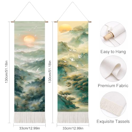 seewan 2 Pack Long Vertical Wall Tapestry, Boho Nature Landscape & Floral Aesthetic Wall Hanging for Bedroom Living Room Home Decor, Long Narrow Art Tapestry with Sunrise Mountain Botanical Designs, 13" × 51" (Mist Mountain Layers, 13"Wx51"H, Unframed) -