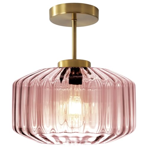 Modern Semi-Flush Mount Light Fixture Blush Pink Ceiling Lamp with Brushed Gold Base, Bedroom Light Fixture for Girls Bedroom, Nursery, Master Suite Hallway - color: Pink, 1-Light