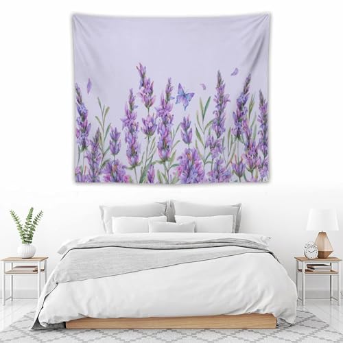 HZOHNAGO Lavender Flower Tapestry Watercolor Purple Floral Butterfly Pattern Printed Wall Tapestry Wall Hanging for Bedroom Living Room Dorm 60" W x 50" H - color: Lavender-10, size: 60"L x 50"W