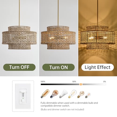 17.7” Boho Rattan Chandelier Light Fixture 4-Light Hand Woven Rustic Chandeliers with Wicker Shade, Farmhouse Chandelier Hanging Light for Dining Room Kitchen Island, Living Room, Foyer - color: Linen, size: 17.7" 4-Light