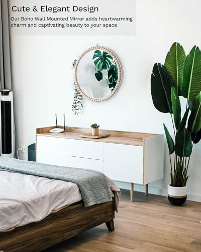 Poeme Boho Wall Mounted Circle Mirror, Wooden Round Wall Decor for Bathroom Living Room Bedroom, Decorative Hanging Farmhouse Nursery Furniture (17 Inch)