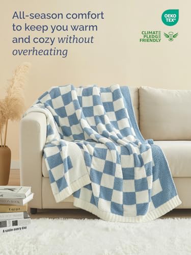 Super Soft Throw Blanket - Checkered Blanket for Couch, Bed, Sofa, Chair - Lightweight Warm Double Sided Knit - All Season Cozy, Fuzzy, Anti-Static Microplush Blanket for Women - 50x60 (Blue/Cream) - color: 05 - Checkered Dusty Blue/Cream
