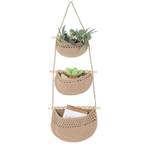 Hanging Fruit Basket, 3 Tier Woven Jute Wall Basket for Organizing, Hanging Produce Baskets for Fruit Vegetable Storage, Boho Kitchen Decor, Wall Baskets Storage for Kitchen, Bedroom, Bathroom