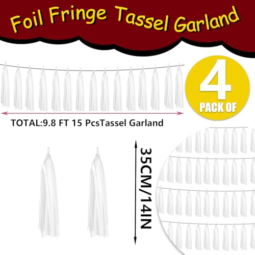 4P White Foil Fringe Metallic Tassel Streamers Banner Tassel Garland for Parade Floats, Graduation, Wedding, Birthday, Halloween, Christmas, Bridal/Baby Shower Party Decorations - color: White