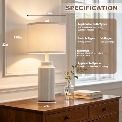 22" Modern Ceramic Table Lamp Set of 2 for Living Room, Rustic Farmhouse White Desk Lamps with White Linen Shade, Vintage Bedside Nightstand Lamps for Bedroom, Living Room End Table Lamps Home Decor