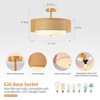 17.7" Gold Bohemian Wicker Flush Mount Ceiling Light, Hand-Woven Double Layer Drum Semi-Flush Fixture for Bedroom, Living Room, Dining Room, Hallway & Kitchen - color: 17.7'' Rattan&Fabric Gold