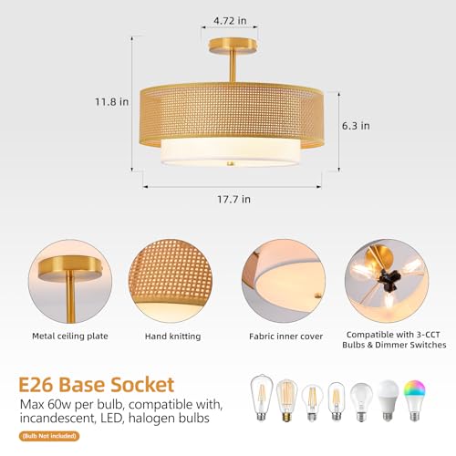 17.7" Gold Bohemian Wicker Flush Mount Ceiling Light, Hand-Woven Double Layer Drum Semi-Flush Fixture for Bedroom, Living Room, Dining Room, Hallway & Kitchen - color: 17.7'' Rattan&Fabric Gold